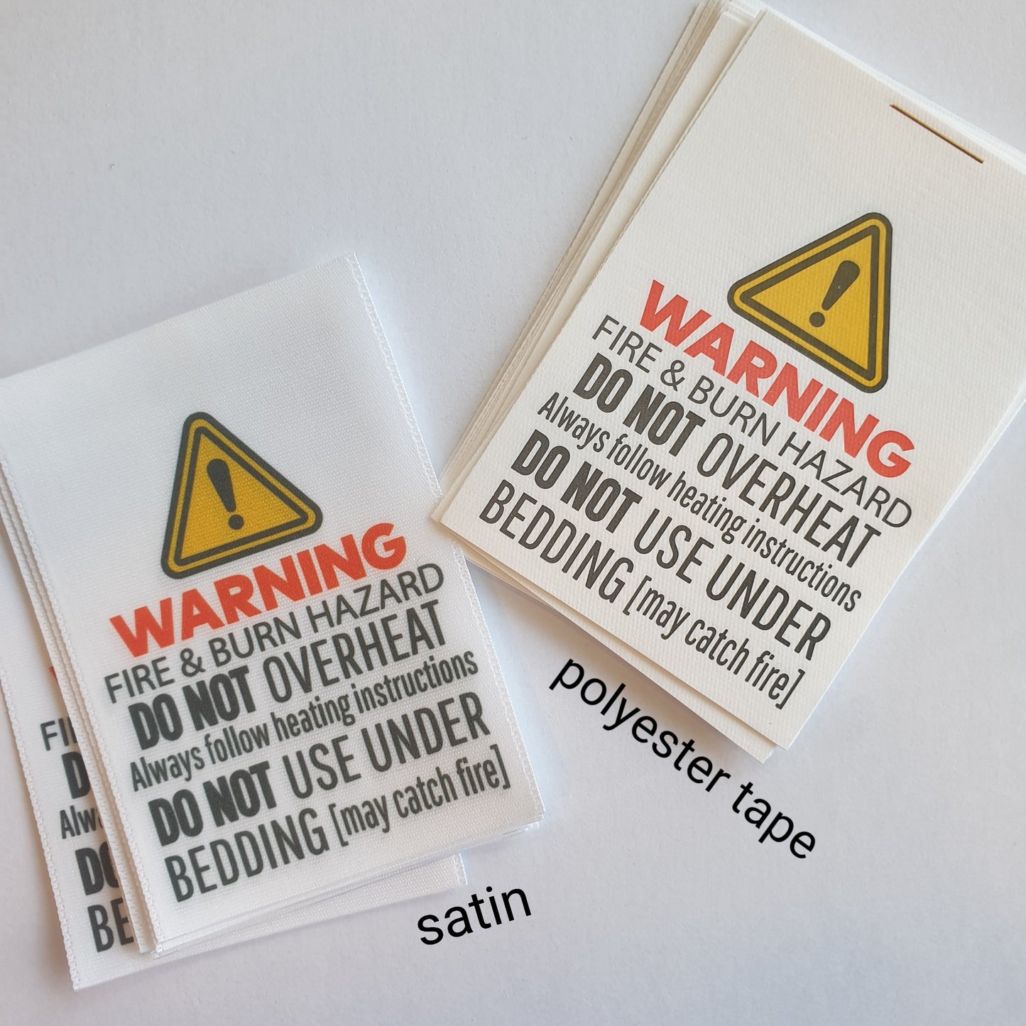 MICROWAVABLE HEAT PACK SAFTEY WARNING LABELS - PRINTED SATIN OR TAFFETA LABELS