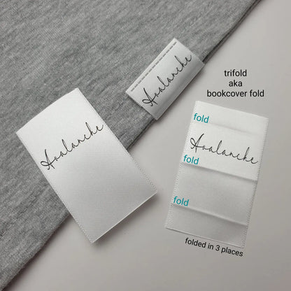 #10WS - WHITE SATIN TRIFOLD/BOOKCOVER FOLD SATIN HEM LABELS